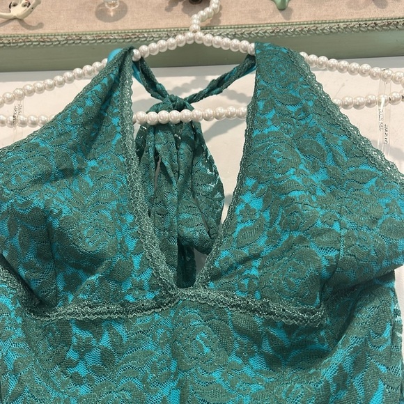 Current mood rose lace halter neck Elegant Teal handkerchief hem mini dress larg - Picture 4 of 7